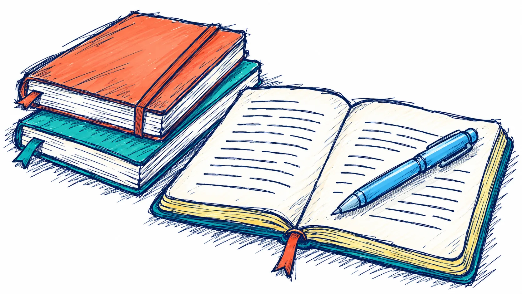 Sketch of stacked notebooks and an open journal with a pen