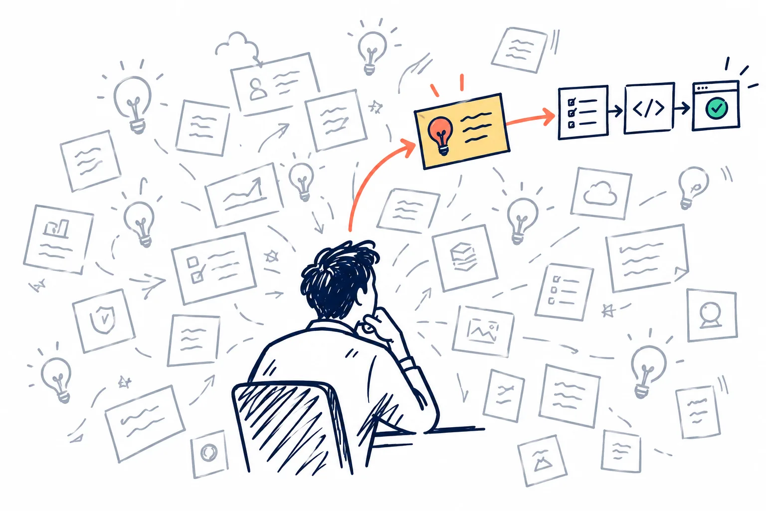 A builder surrounded by scattered idea sketches, with one idea pulled out of the cloud and turned into a checklist, code, and a shipped product.