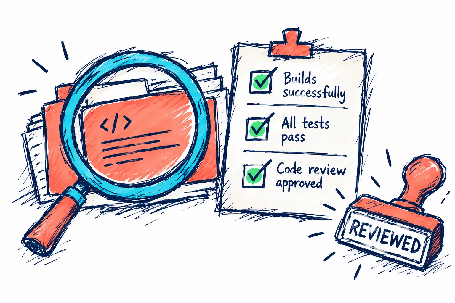 A magnifying glass over a folder of code, next to a checklist reading builds successfully, all tests pass, and code review approved, with a reviewed stamp beside it.