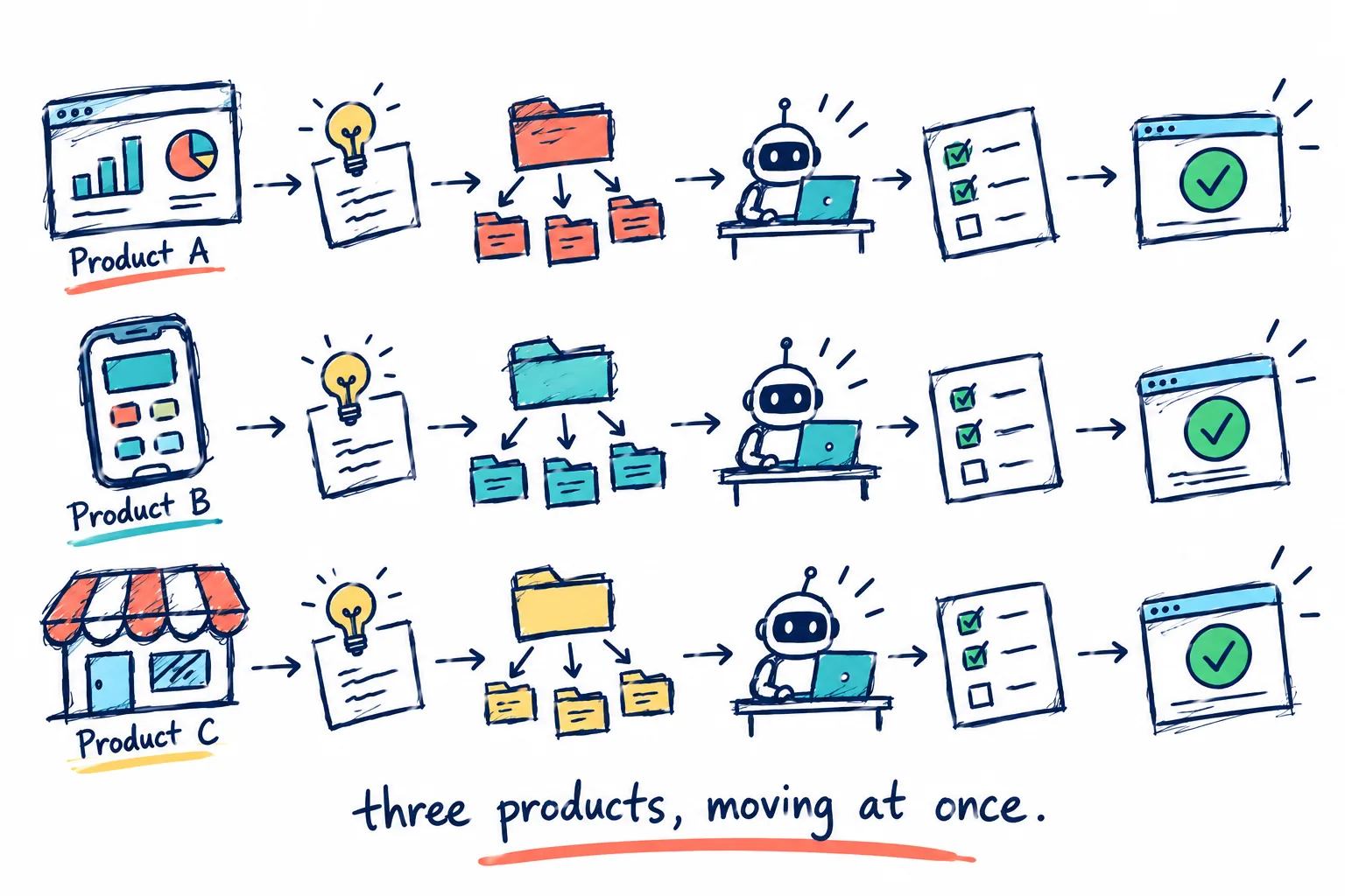 Three product sketches, each moving from idea to work packets, build, checks and a shipped result.